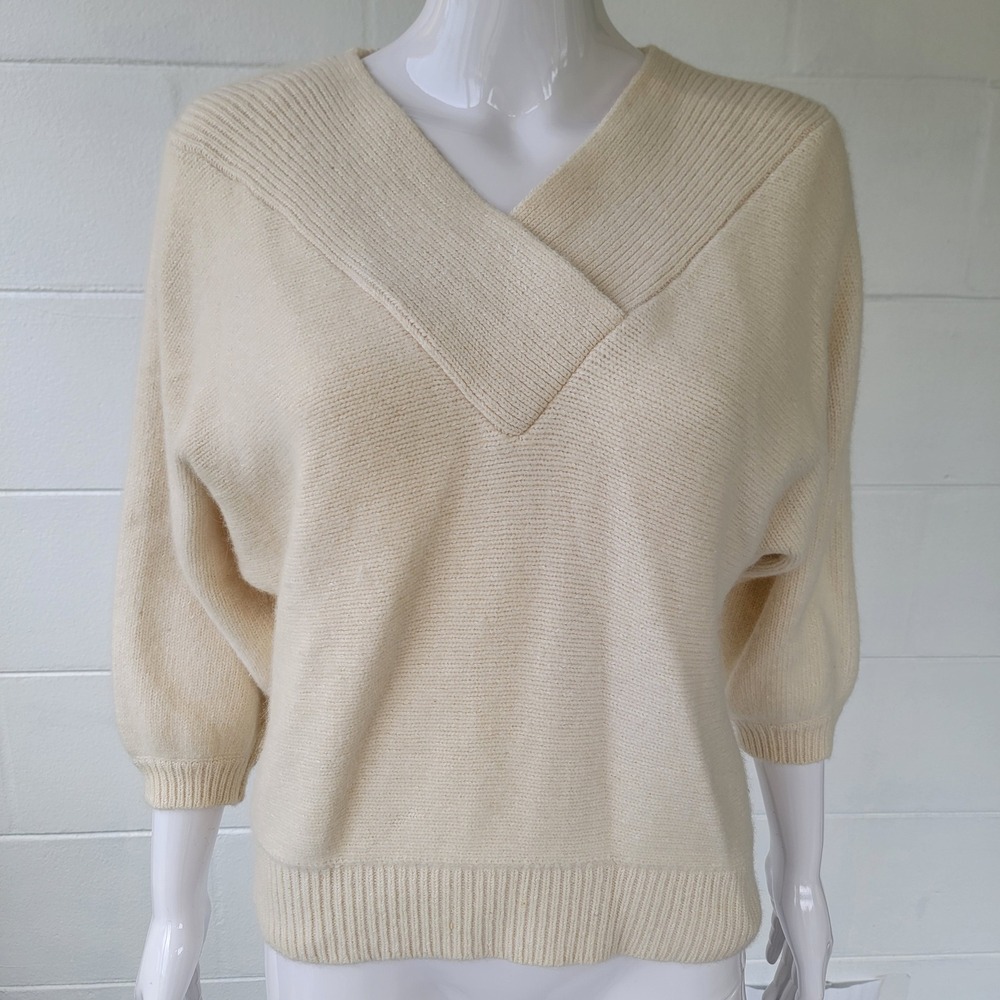 Vintage 80s Robert Scott V-Neck Sweater Cream‎ Women's M Silk Lambswool Blend